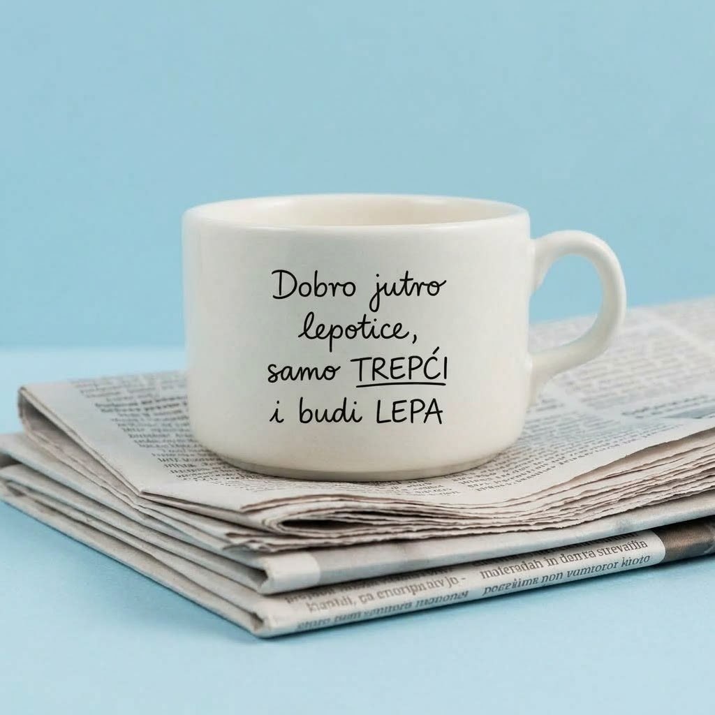 Bela šoljica sa natpisom Dobro jutro lepotice samo trepći i budi lepa